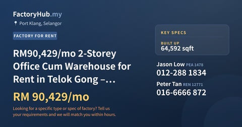 Factory For Rent - RM90,429/mo 2-Storey Office Cum Warehouse for Rent in Telok Gong – 64592sf - Port Klang, Selangor