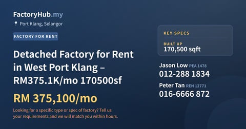 Factory For Rent - Detached Factory for Rent in West Port Klang – RM375.1K/mo 170500sf - Port Klang, Selangor