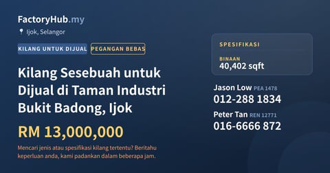 Kilang Untuk Dijual - Kilang Sesebuah untuk Dijual di Taman Industri Bukit Badong, Ijok - Ijok, Selangor