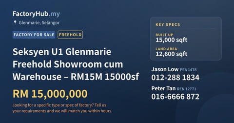Factory For Sale - Seksyen U1 Glenmarie Freehold Showroom cum Warehouse – RM15M 15000sf - Glenmarie, Selangor