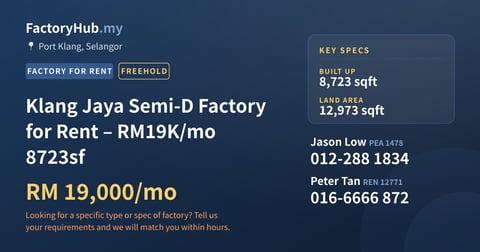 Factory For Rent - Klang Jaya Semi-D Factory for Rent – RM19K/mo 8723sf - Port Klang, Selangor