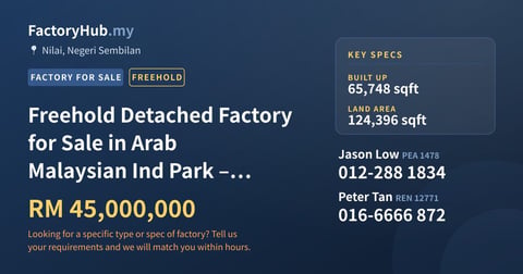 Factory For Sale - Freehold Detached Factory for Sale in Arab Malaysian Ind Park – RM45M - Nilai, Negeri Sembilan