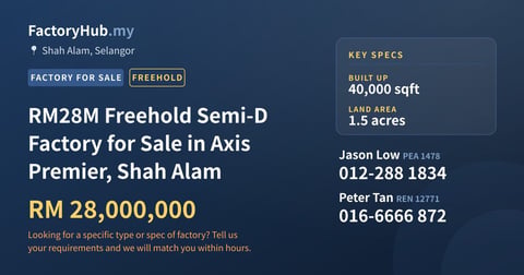 Factory For Sale - RM28M Freehold Semi-D Factory for Sale in Axis Premier, Shah Alam - Shah Alam, Selangor