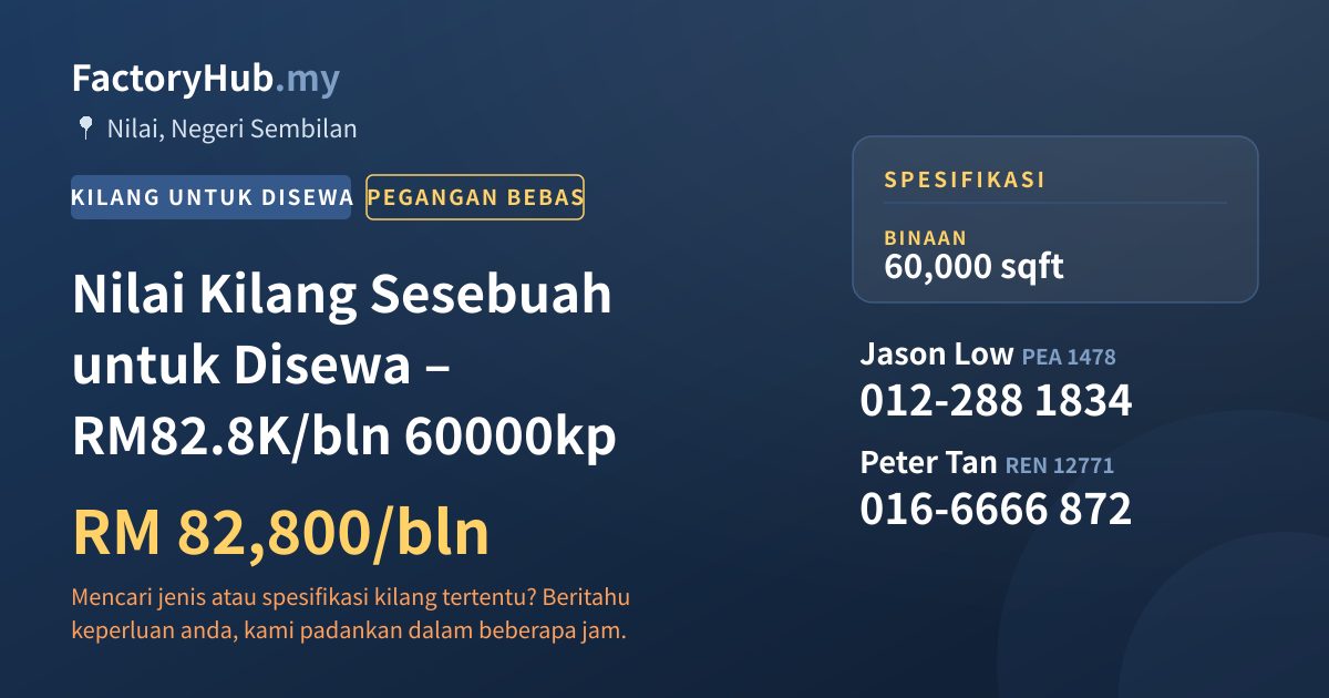 Kilang Untuk Disewa - Nilai Kilang Sesebuah untuk Disewa – RM82.8K/bln 60000kp - Nilai, Negeri Sembilan