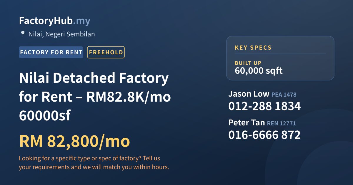Factory For Rent - Nilai Detached Factory for Rent – RM82.8K/mo 60000sf - Nilai, Negeri Sembilan