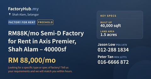 Factory For Rent - RM88K/mo Semi-D Factory for Rent in Axis Premier, Shah Alam – 40000sf - Shah Alam, Selangor