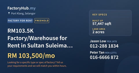 Factory For Rent - RM103.5K Factory/Warehouse for Rent in Sultan Suleiman – 57447sf - Port Klang, Selangor