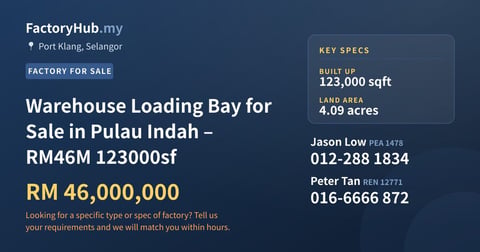 Factory For Sale - Warehouse Loading Bay for Sale in Pulau Indah – RM46M 123000sf - Port Klang, Selangor
