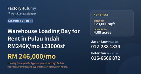 Factory For Rent - Warehouse Loading Bay for Rent in Pulau Indah – RM246K/mo 123000sf - Port Klang, Selangor