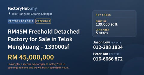 Factory For Sale - RM45M Freehold Detached Factory for Sale in Telok Mengkuang – 139000sf - Telok Panglima Garang, Selangor