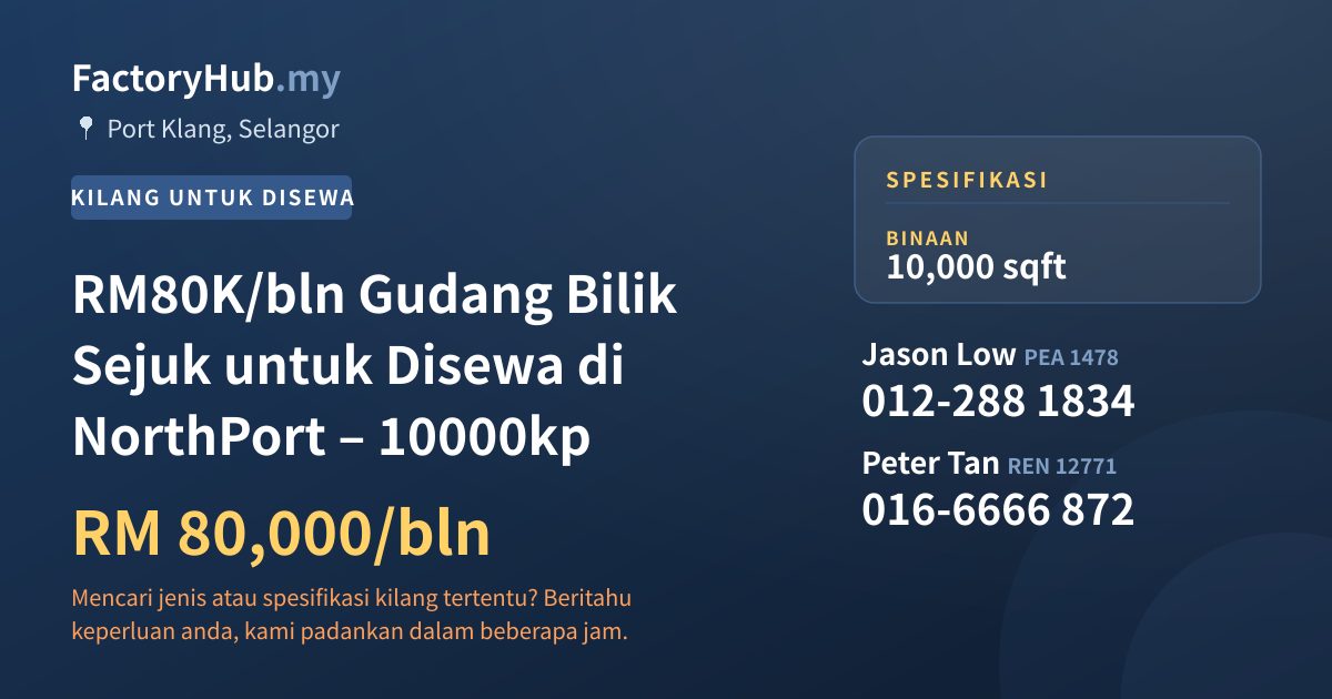 Kilang Untuk Disewa - RM80K/bln Gudang Bilik Sejuk untuk Disewa di NorthPort – 10000kp - Port Klang, Selangor