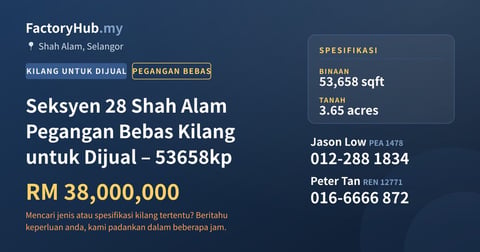 Kilang Untuk Dijual - Seksyen 28 Shah Alam Pegangan Bebas Kilang untuk Dijual – 53658kp - Shah Alam, Selangor