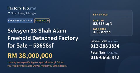 Factory For Sale - Seksyen 28 Shah Alam Freehold Detached Factory for Sale – 53658sf - Shah Alam, Selangor