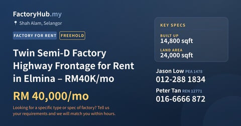 Factory For Rent - Twin Semi-D Factory Highway Frontage for Rent in Elmina – RM40K/mo - Shah Alam, Selangor