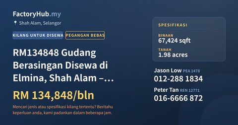 Kilang Untuk Disewa - RM134848 Gudang Berasingan Disewa di Elmina, Shah Alam – 67424kp - Shah Alam, Selangor