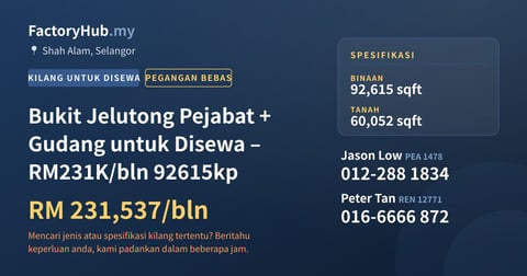 Kilang Untuk Disewa - Bukit Jelutong Pejabat + Gudang untuk Disewa – RM231K/bln 92615kp - Shah Alam, Selangor
