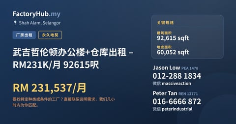 工厂 出租 - 武吉哲伦顿办公楼+仓库出租 – RM231K/月 92615呎 - Shah Alam, Selangor