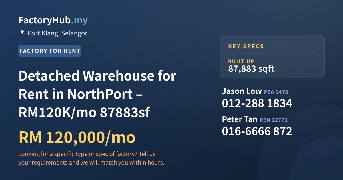 Factory For Rent - Detached Warehouse for Rent in NorthPort – RM120K/mo 87883sf - Port Klang, Selangor
