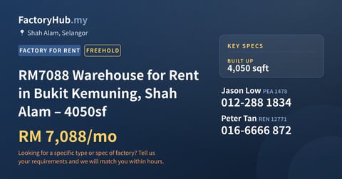 Factory For Rent - RM7088 Warehouse for Rent in Bukit Kemuning, Shah Alam – 4050sf - Shah Alam, Selangor