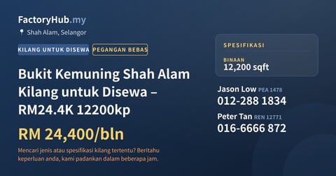 Kilang Untuk Disewa - Bukit Kemuning Shah Alam Kilang untuk Disewa – RM24.4K 12200kp - Shah Alam, Selangor