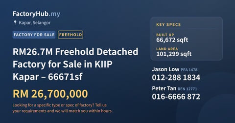 Factory For Sale - RM26.7M Freehold Detached Factory for Sale in KIIP Kapar – 66671sf - Kapar, Selangor