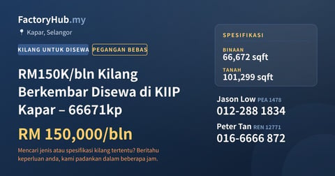 Kilang Untuk Disewa - RM150K/bln Kilang Berkembar Disewa di KIIP Kapar – 66671kp - Kapar, Selangor