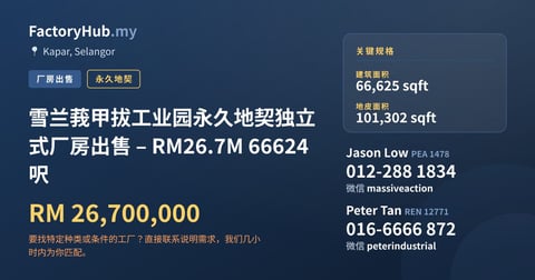 工厂 出售 - 雪兰莪甲拔工业园永久地契独立式厂房出售 – RM26.7M 66624呎 - Kapar, Selangor