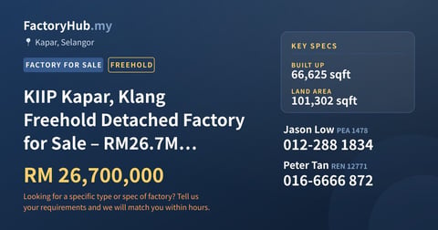 Factory For Sale - KIIP Kapar, Klang Freehold Detached Factory for Sale – RM26.7M 66624sf - Kapar, Selangor