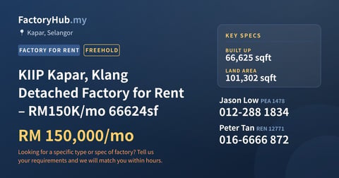 Factory For Rent - KIIP Kapar, Klang Detached Factory for Rent – RM150K/mo 66624sf - Kapar, Selangor