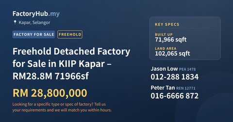 Factory For Sale - Freehold Detached Factory for Sale in KIIP Kapar – RM28.8M 71966sf - Kapar, Selangor