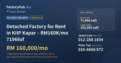 Factory For Rent - Detached Factory for Rent in KIIP Kapar – RM160K/mo 71966sf - Kapar, Selangor