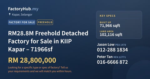 Factory For Sale - RM28.8M Freehold Detached Factory for Sale in KIIP Kapar – 71966sf - Kapar, Selangor
