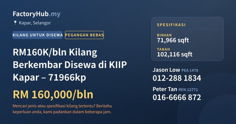Kilang Untuk Disewa - RM160K/bln Kilang Berkembar Disewa di KIIP Kapar – 71966kp - Kapar, Selangor