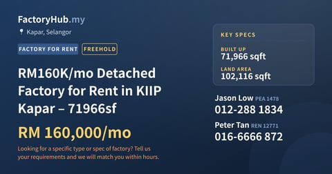 Factory For Rent - RM160K/mo Detached Factory for Rent in KIIP Kapar – 71966sf - Kapar, Selangor