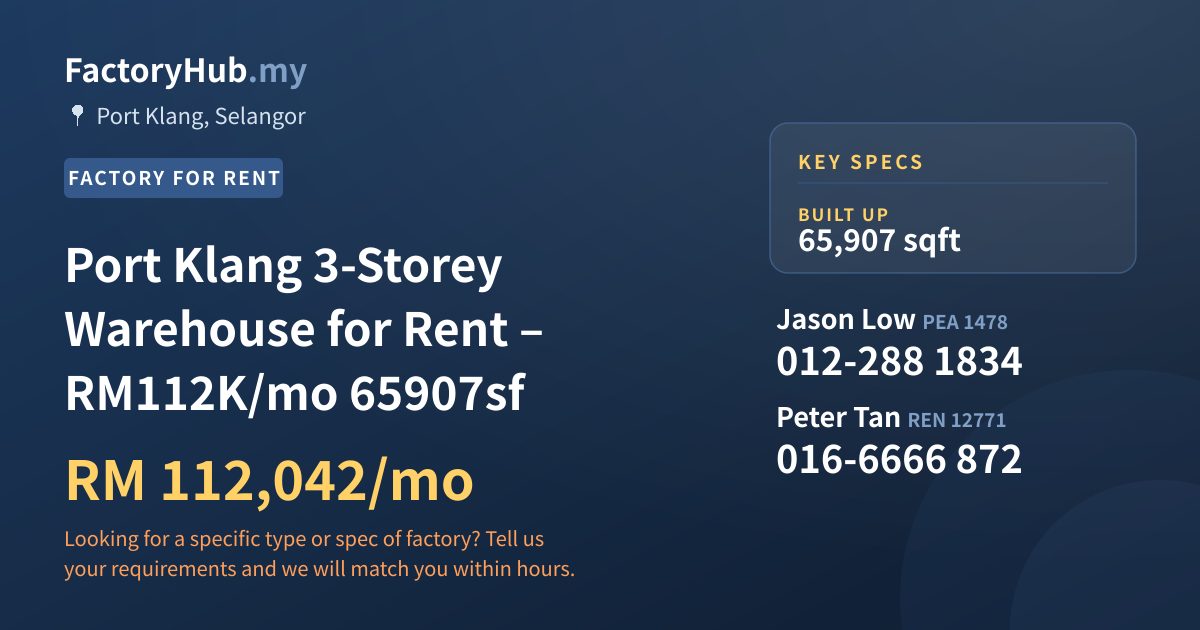 Factory For Rent - Port Klang 3-Storey Warehouse for Rent – RM112K/mo 65907sf - Port Klang, Selangor
