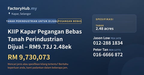 Tanah Untuk Dijual - KIIP Kapar Pegangan Bebas Tanah Perindustrian Dijual – RM9.73J 2.48ek - Kapar, Selangor