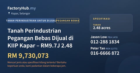 Tanah Untuk Dijual - Tanah Perindustrian Pegangan Bebas Dijual di KIIP Kapar – RM9.7J 2.48 - Kapar, Selangor