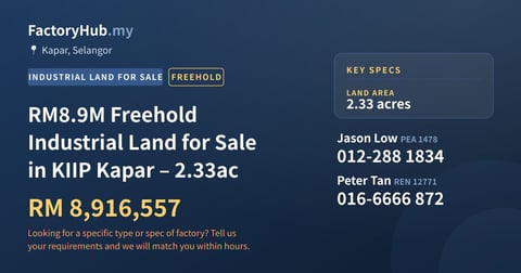 Land For Sale - RM8.9M Freehold Industrial Land for Sale in KIIP Kapar – 2.33ac - Kapar, Selangor