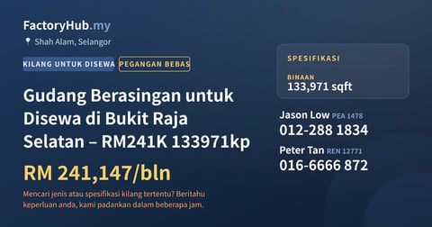 Kilang Untuk Disewa - Gudang Berasingan untuk Disewa di Bukit Raja Selatan – RM241K 133971kp - Shah Alam, Selangor