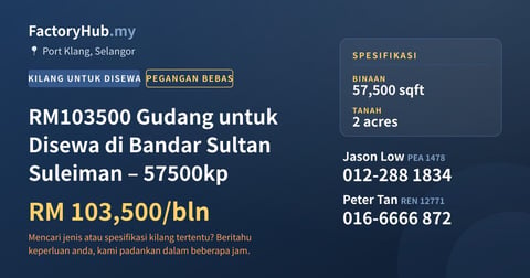 Kilang Untuk Disewa - RM103500 Gudang untuk Disewa di Bandar Sultan Suleiman – 57500kp - Port Klang, Selangor