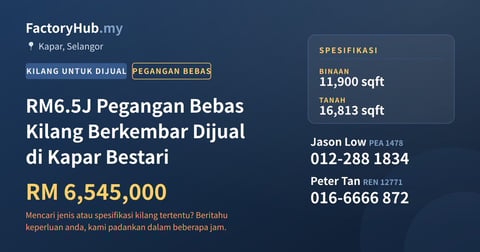 Kilang Untuk Dijual - RM6.5J Pegangan Bebas Kilang Berkembar Dijual di Kapar Bestari - Kapar, Selangor
