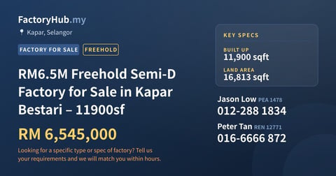 Factory For Sale - RM6.5M Freehold Semi-D Factory for Sale in Kapar Bestari – 11900sf - Kapar, Selangor
