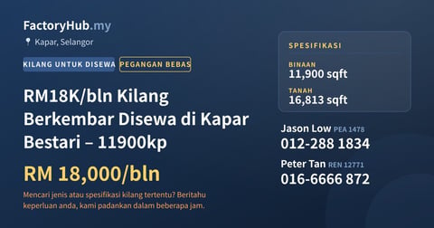 Kilang Untuk Disewa - RM18K/bln Kilang Berkembar Disewa di Kapar Bestari – 11900kp - Kapar, Selangor