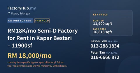 Factory For Rent - RM18K/mo Semi-D Factory for Rent in Kapar Bestari – 11900sf - Kapar, Selangor