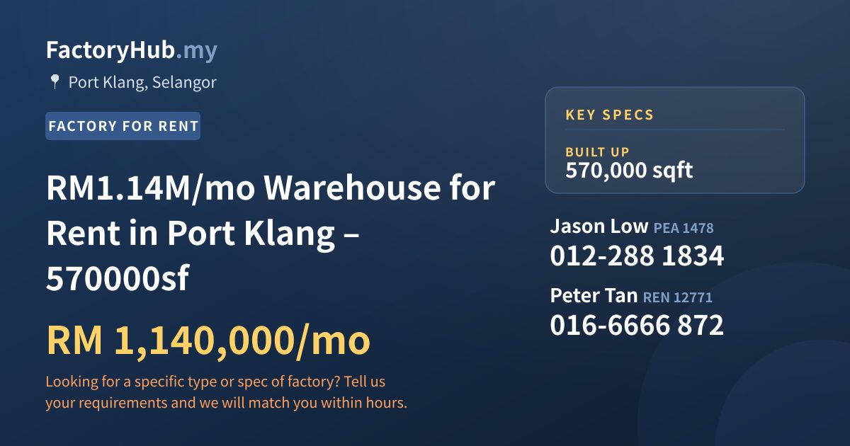 Factory For Rent - RM1.14M/mo Warehouse for Rent in Port Klang – 570000sf - Port Klang, Selangor
