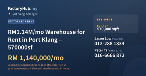 Factory For Rent - RM1.14M/mo Warehouse for Rent in Port Klang – 570000sf - Port Klang, Selangor