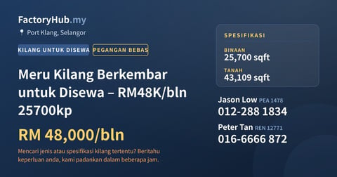 Kilang Untuk Disewa - Meru Kilang Berkembar untuk Disewa – RM48K/bln 25700kp - Port Klang, Selangor