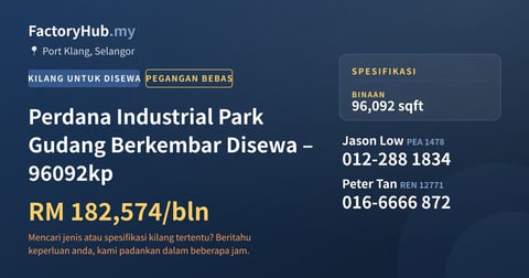 Kilang Untuk Disewa - Perdana Industrial Park Gudang Berkembar Disewa – 96092kp - Port Klang, Selangor