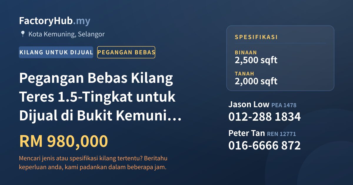 Kilang Untuk Dijual - Pegangan Bebas Kilang Teres 1.5-Tingkat untuk Dijual di Bukit Kemuning – RM980K 2500kp - Kota Kemuning, Selangor
