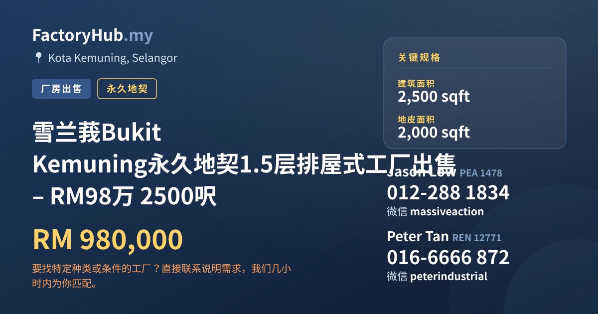 工厂 出售 - 雪兰莪Bukit Kemuning永久地契1.5层排屋式工厂出售 – RM98万 2500呎 - Kota Kemuning, Selangor